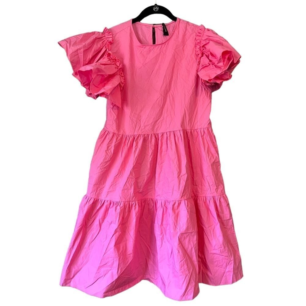 Bright Pink Puff-Sleeve Tiered Day Dress